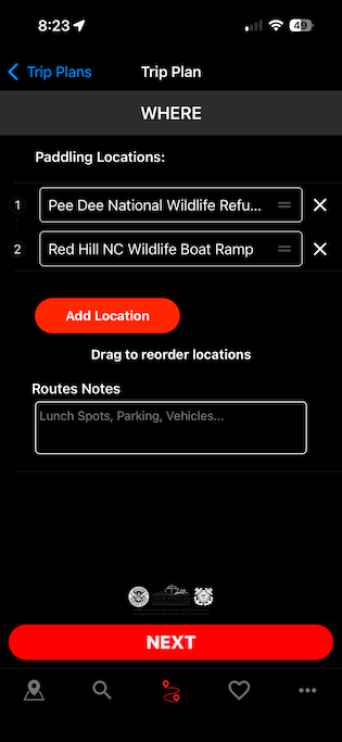 Screenshot of a GoPaddling location detail page showing access notes and trip info.