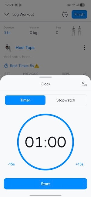 Hevy app timer screen showing built-in rest timer during a lifting session