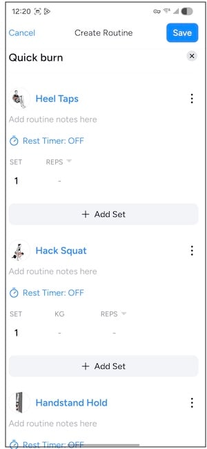 Hevy app showing workout session with accessory exercises and set logging interface