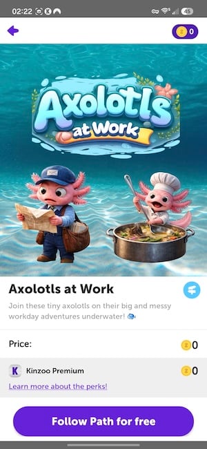 Kinzoo Axolotl Path story in progress showing an interactive choose-your-own-adventure message sequence