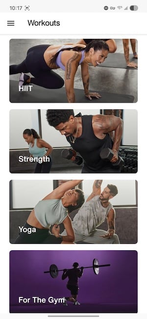 Nike Training Club app showing a large selection of free workouts across multiple categories