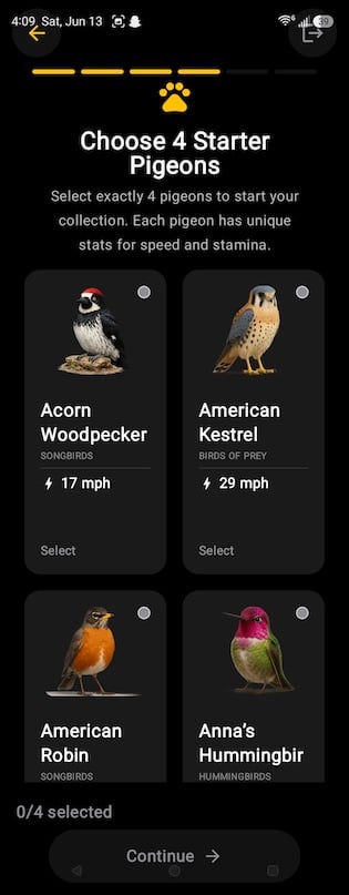 Screenshot of Roost Social showing the rookery of birds available to send.