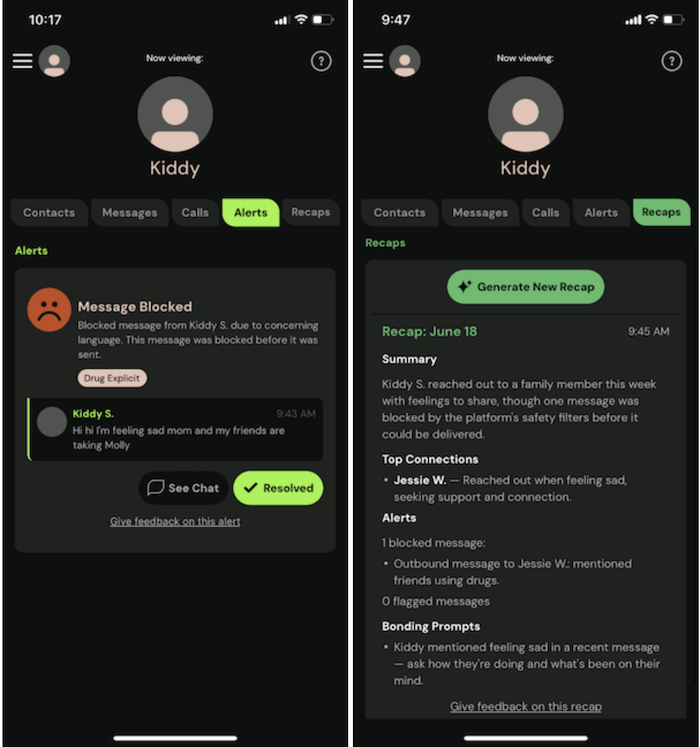 Sage Haven parent recap view showing a flagged message alert with conversation summary and suggested responses