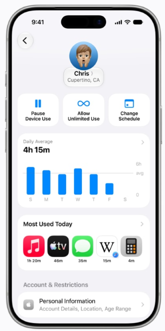 Redesigned Screen Time dashboard on iPhone.