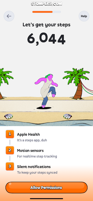 Screenshot of Stompers showing the step counter and avatar home screen.