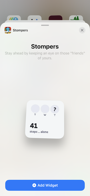Screenshot of Stompers widget showing daily step count on the home screen.