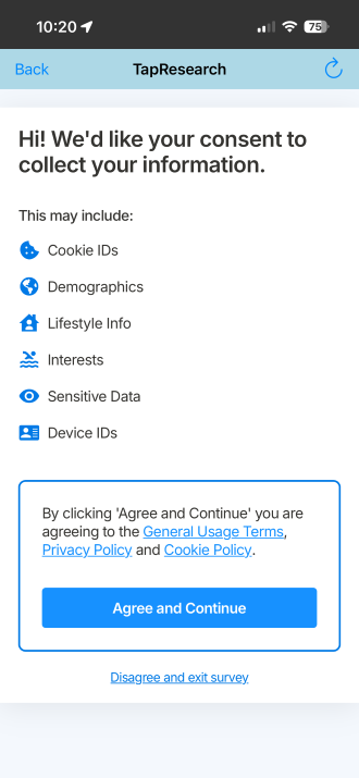 A survey privacy policy in the COIN app