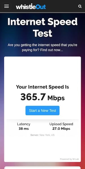Screenshot of the WhistleOut speed test on Ammy's phone while on T-Mobile's network in Williamsburg.