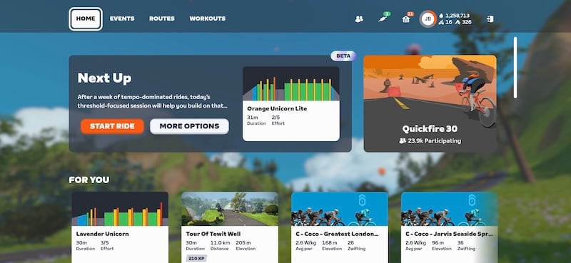 Zwift home screen showing virtual routes and upcoming group events