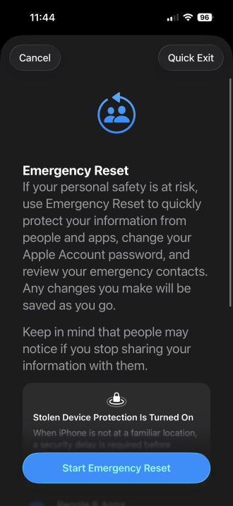 Beginning Emergency Reset Safety Check on iPhone