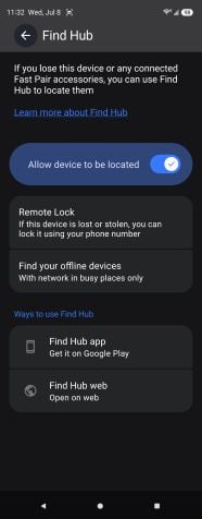 The Find Hub settings screen on a Samsung phone, with the Allow device to be located toggle switched on, plus Remote Lock, offline device finding, and links to the Find Hub app and web