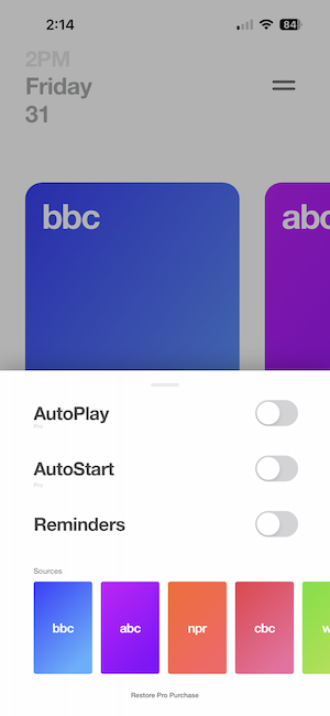 Screenshot of Funnel's settings screen showing AutoPlay and other minimalist options.