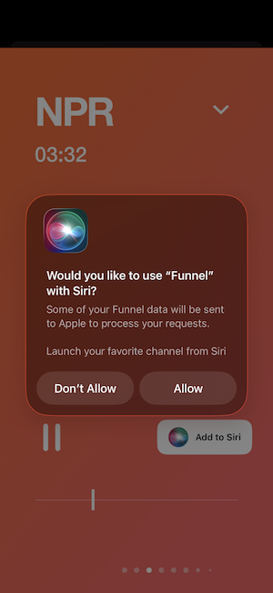 Screenshot of Funnel's Siri integration screen.