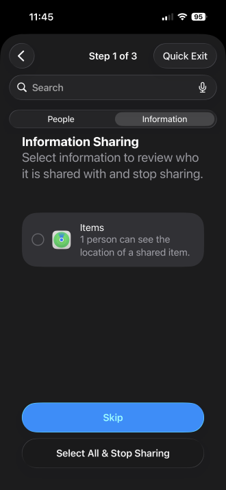 Manage Sharing options in iPhone Safety Check
