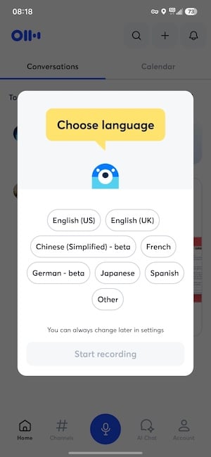 Otter.ai language options screen Otter.ai language options