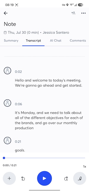 Otter.ai transcript with AI summary and chat search bar Otter.ai transcript and AI summary