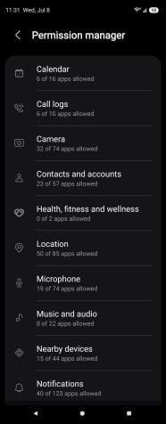 The Android Permission manager listing how many apps are allowed to use Camera, Location, Microphone, and more
