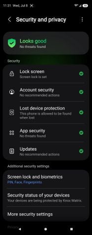 The Android Security and privacy overview showing a green Looks good, no threats found status with Lock screen, Account security, and Lost device protection all checked