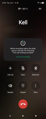 Screenshot of the call recording disclaimer on a Galaxy Z Fold5.
