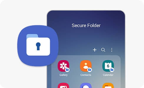 Samsung's Secure Folder icon, a blue folder with a white padlock, beside a phone screen showing the Secure Folder home with Gallery, Contacts, and Calendar inside