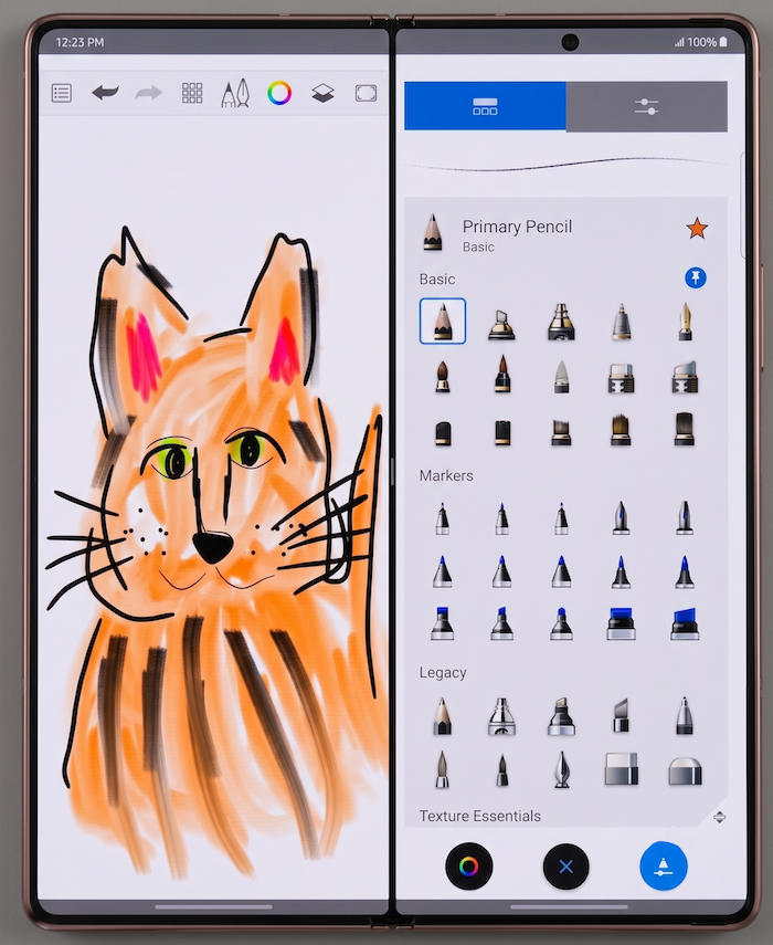 Sketchbook drawing sample shown on an unfolded foldable phone screen