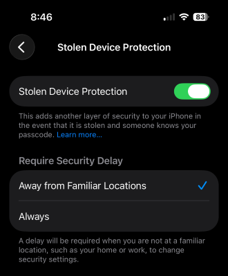 Stolen Device protection settings on iPhone