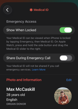 Medical ID settings in Health app
