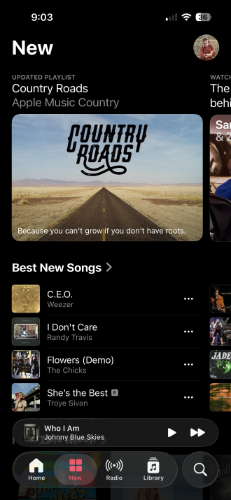 Apple Music's new content screen.