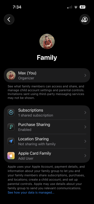 Apple Family Sharing account settings screen on iPhone