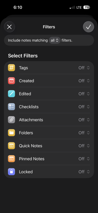Smart Folder categories in Notes app.