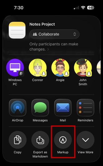 Markup option in Apple Notes app.