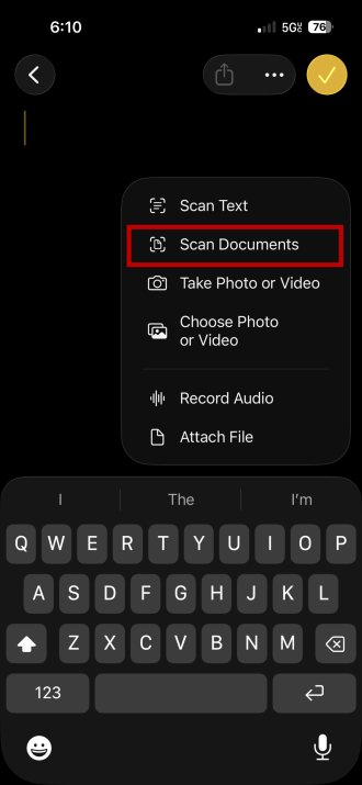 Scan option in Apple Notes app.