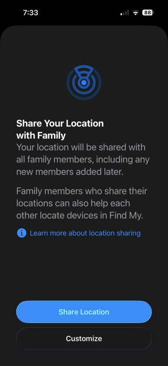 Opting into location sharing with Apple Family Sharing