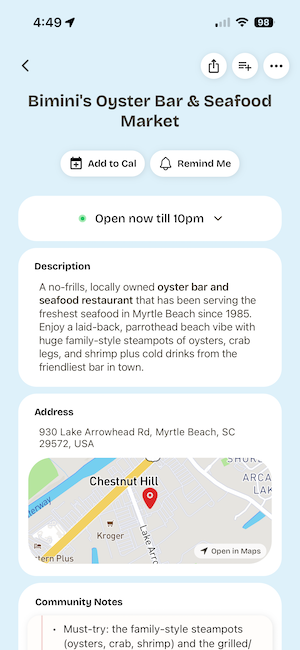 Screenshot of Outernet's saved locations feed, showing places and events ready to explore.