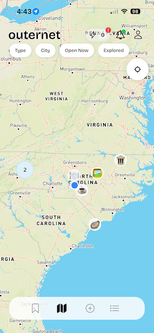 Screenshot of Outernet's map view showing saved locations pinned nearby.