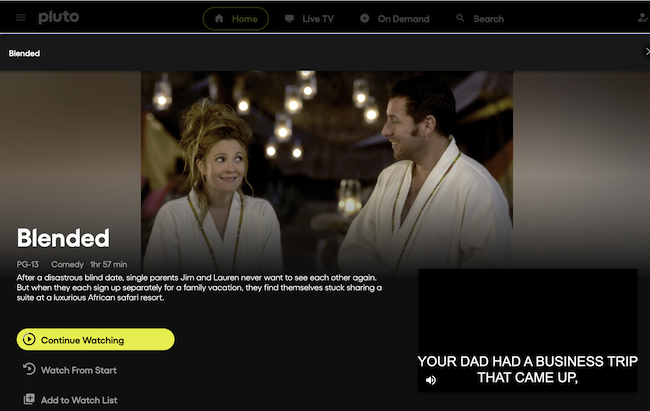 Pluto TV showing the persistent pop-up in the lower right corner