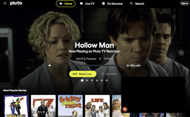 Pluto TV home screen showing a curated, premium-feeling layout