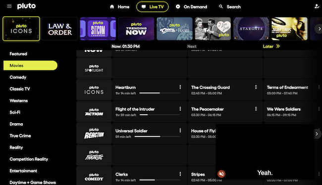 A screenshot of Pluto TV's Live TV on desktop.