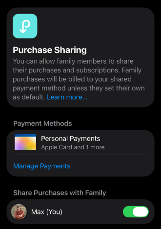 Sharing payment methods on Apple Family Sharing