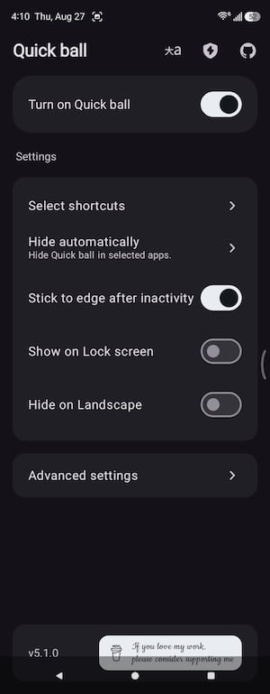 Screenshot of Quick Ball's floating tab resting on the edge of the home screen.