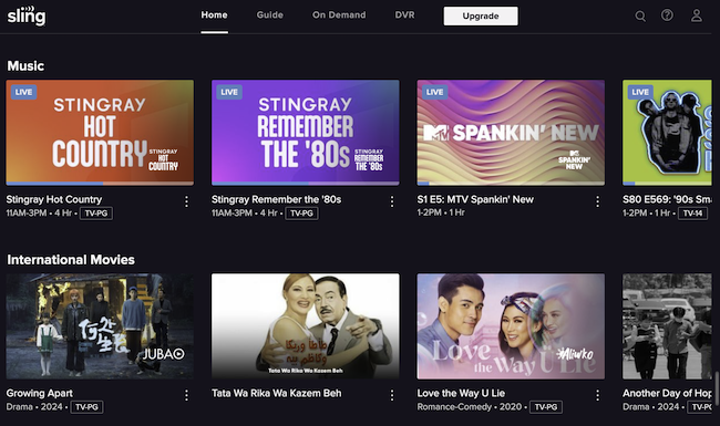 Sling Freestream home screen showing rows of channel categories