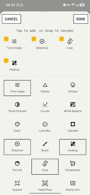 Screenshot of Snapseed's 31 effect categories.