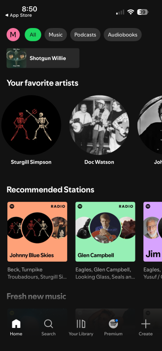 Spotify app interface showing different streaming categories.