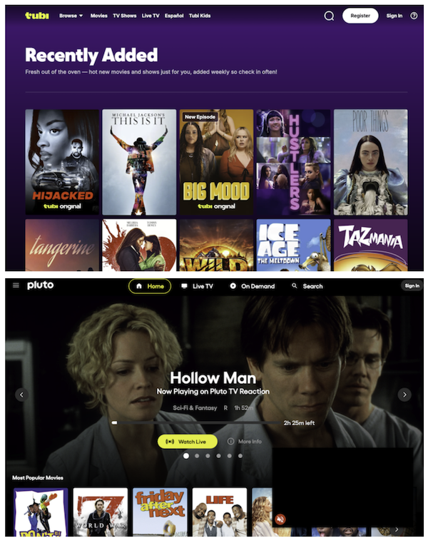 Two images showing both Tubi's and Pluto TV's home screens.