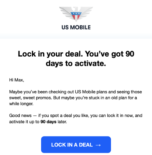 Email from US Mobile about delaying a new plan's activation by 90 days.