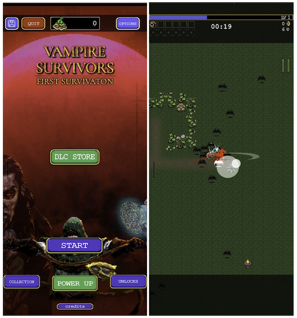 Vampire Survivors gameplay Screenshot of Vampire Survivors homepage and gameplay