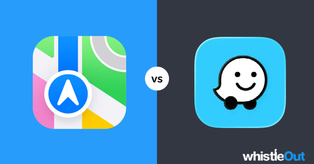 Apple Maps icon next to the Waze logo. Apple Maps icon next to the Waze logo.