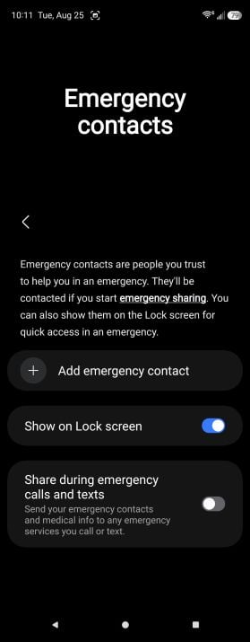 Galaxy Z Fold5 showing the Emergency contacts screen and the Medical info entry form for allergies, blood type, and conditions.