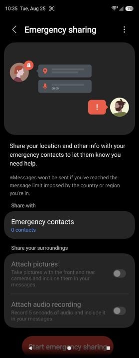 Galaxy Z Fold5 Emergency sharing screen with zero contacts added and the photo and audio recording toggles greyed out.