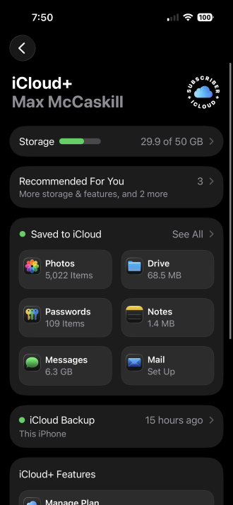 iCloud settings interface on iPhone